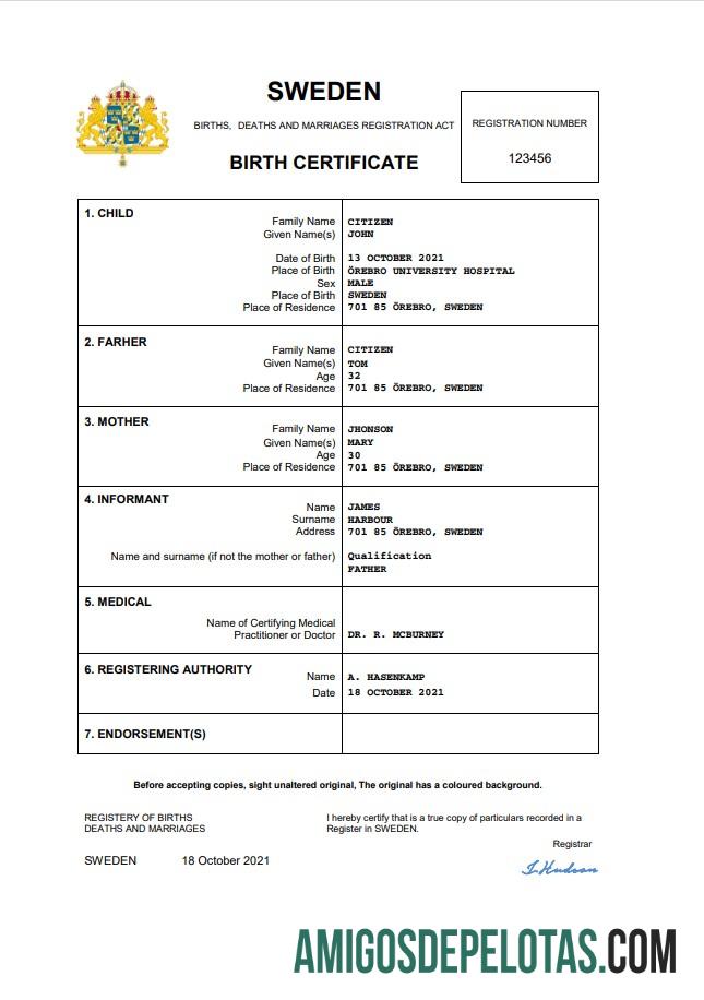 Realista modelo Word e PDF de certidão de nascimento da Suécia, totalmente editável